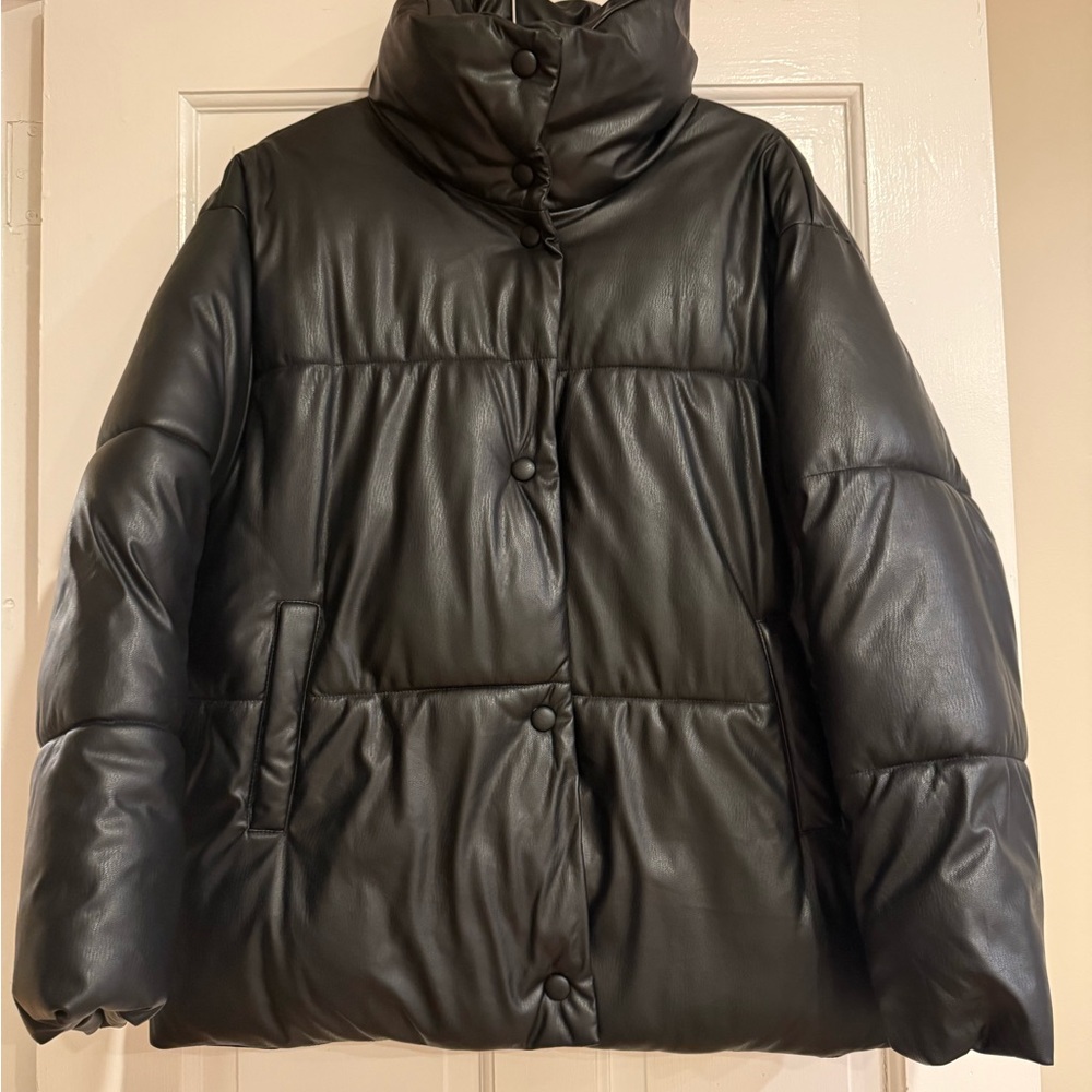 NVLT Black Faux Leather Puffer Jacket